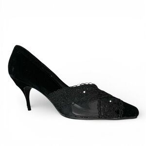 Vintage‎ Black Velvet Kitten Heels Women’s 9 Lace Rhinestone Almond Toe